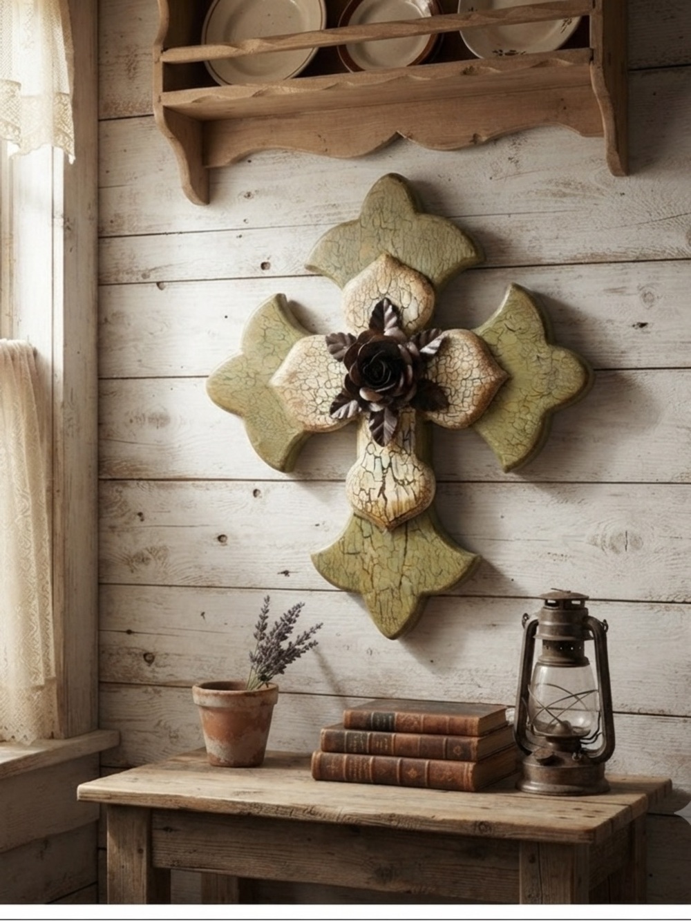 Rustic Green and Brown Wall Cross Decor